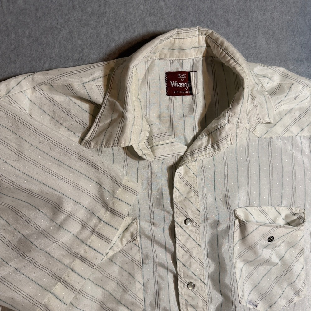 Vintage Wrangler Western Shirt Mens Medium White Striped Pearl Snap Short Sleeve